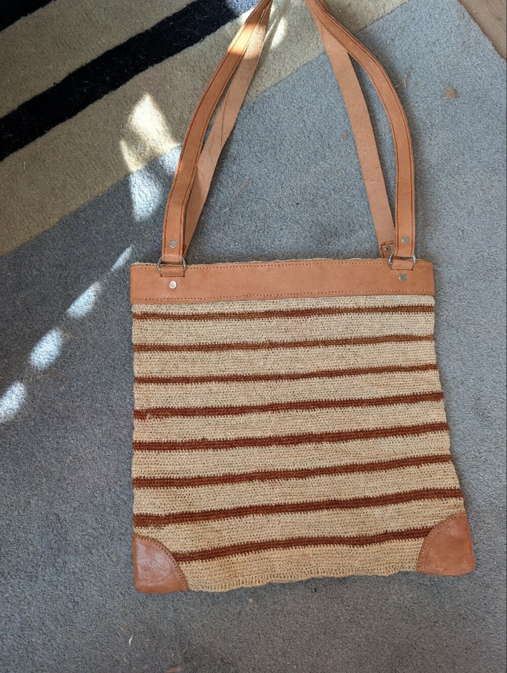 Tan Striped Woven Tote Bag Leather Trim